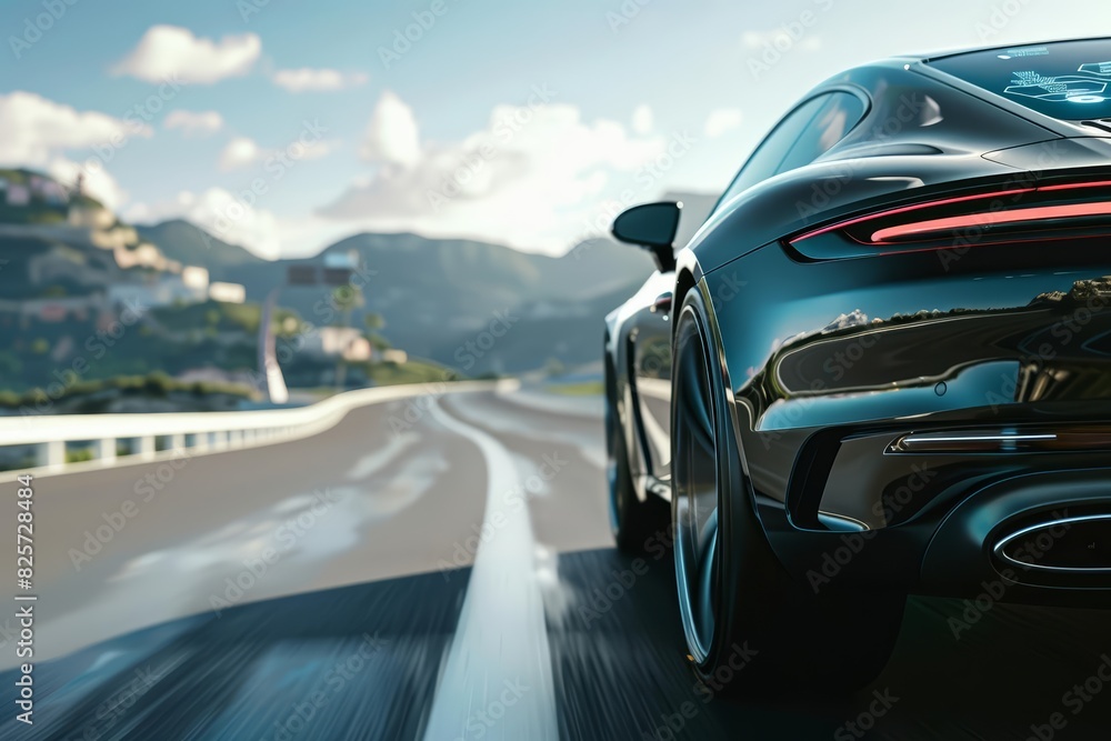 Close up of a luxury car driving on a scenic highway Close up of a luxury car driving on a scenic highway