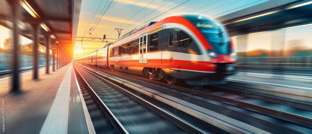Close up of a modern train speeding along tracks Close up of a modern train speeding along tracks