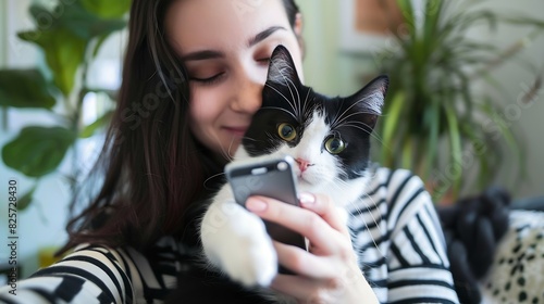 portrait of a beautiful cheerful young woman with a black and white cat in her arms at home Animals and lifestyle concept taking selfie on smartphone with pet : Generative AI photo