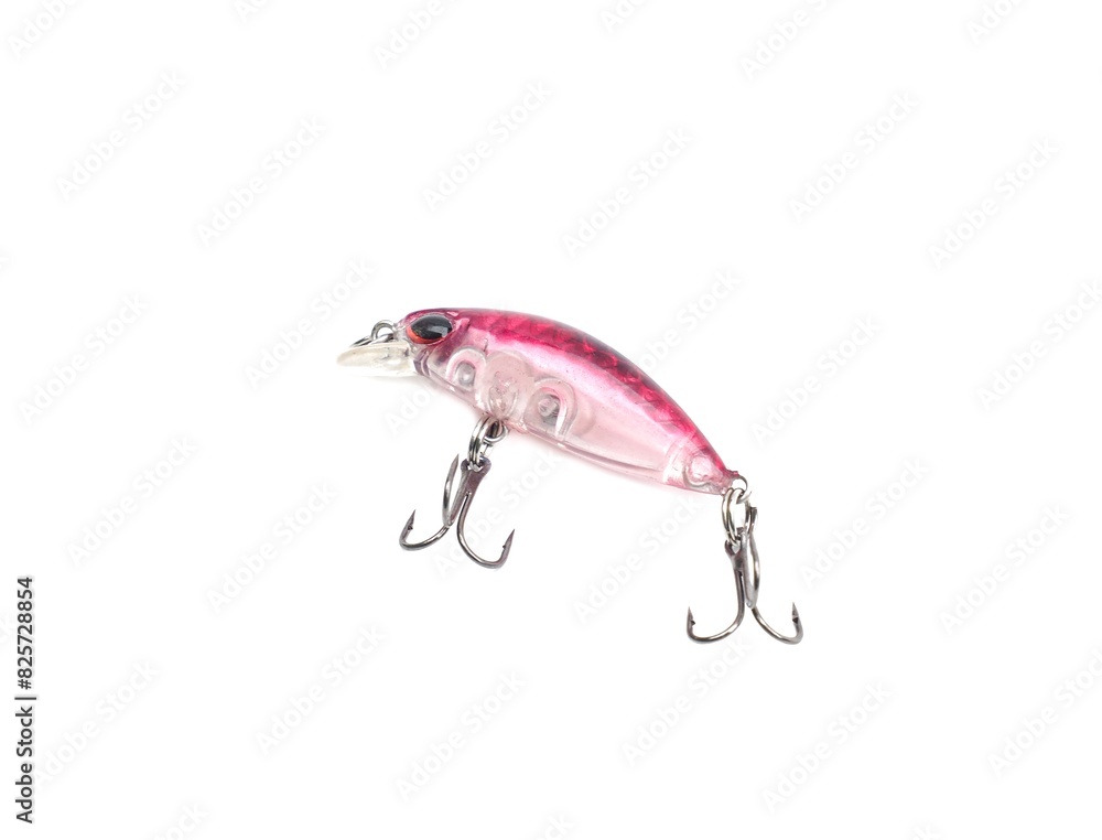 Picture of colorful fish shaped plug baits with 3 way hooks. Fishing equipment isolated on white background. Picture of colorful fish shaped plug baits with 3 way hooks. Fishing equipment isolated on white background.