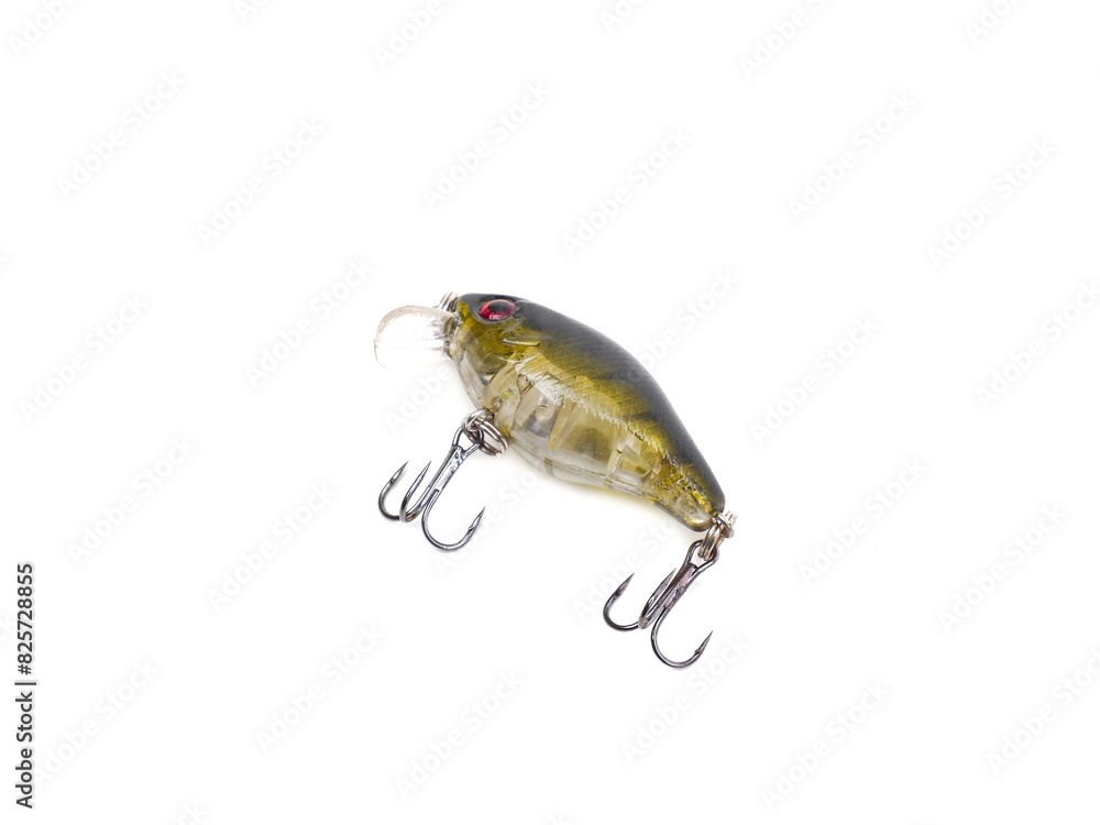 Picture of colorful fish shaped plug baits with 3 way hooks. Fishing equipment isolated on white background. Picture of colorful fish shaped plug baits with 3 way hooks. Fishing equipment isolated on white background.