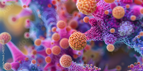 Bacteria germs and virus under a microscope 3d render. Multicolored microorganisms under a microscope.    © Hijab