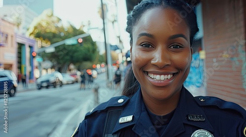 female police officer smiling confidently, uniformed with badge and radio, urban street background