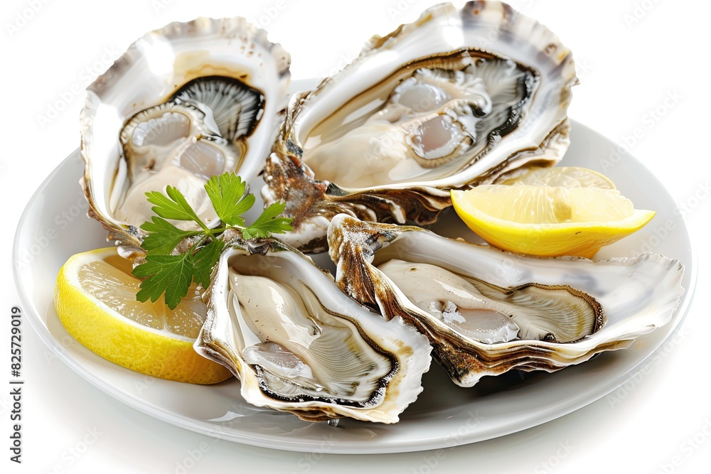 Plate of fresh oysters with lemon wedges on a white background Plate of fresh oysters with lemon wedges on a white background