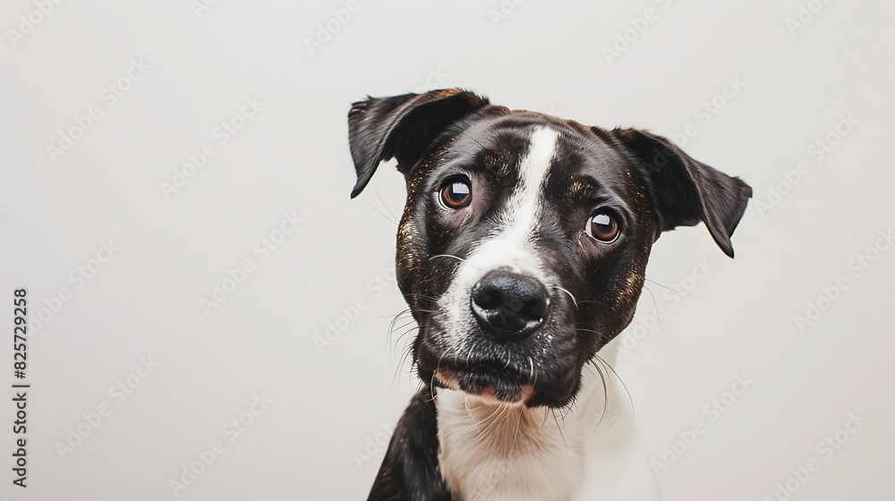 studio portrait of small cute brown black and white mixed breed rescue dog sitting and looking forward with head tilted against a white background : Generative AI studio portrait of small cute brown black and white mixed breed rescue dog sitting and looking forward with head tilted against a white background : Generative AI