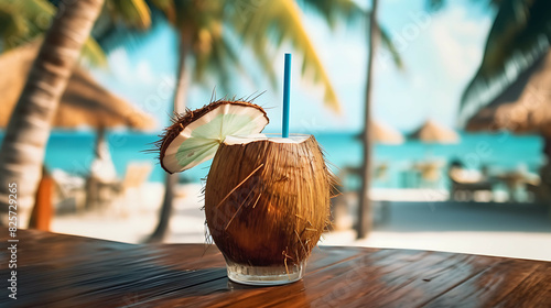 Cocktail in a coconut with straws and decor on the table, the ocean and a palm tree. Generative AI photo