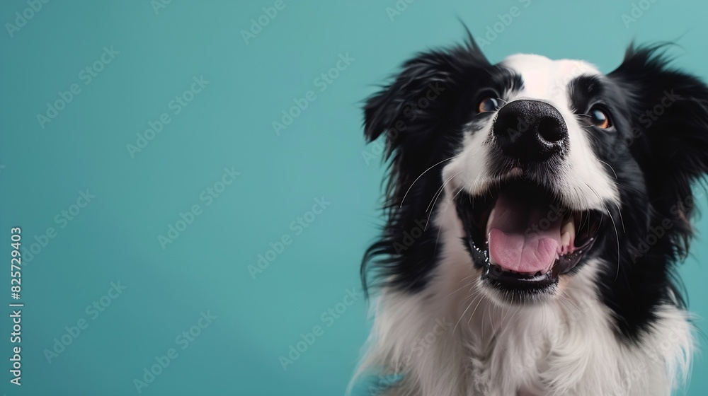 adorable portrait of amazing healthy and happy adult black and white border collie in the photo studio on the blue background : Generative AI adorable portrait of amazing healthy and happy adult black and white border collie in the photo studio on the blue background : Generative AI