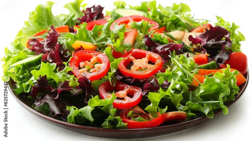 Nutritious Tossed Salad with Fresh Lettuce and Red Bell Peppers on Plate Against White Background for Healthy Eating Promotion Nutritious Tossed Salad with Fresh Lettuce and Red Bell Peppers on Plate Against White Background for Healthy Eating Promotion