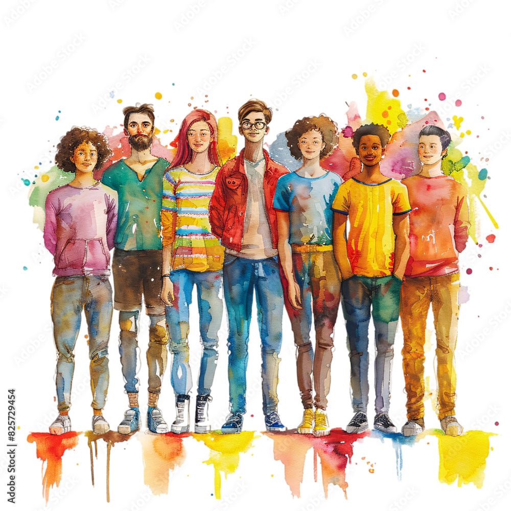 Obraz premium A watercolor illustration features a diverse group of LGBTQ+ individuals standing together in solidarity, depicted on a transparent background.