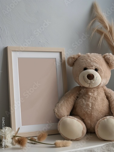 Frame mockup, empty picture frame with cute teddy bear and poster, 3D render