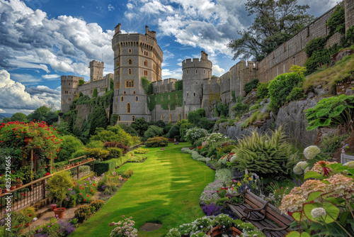 Windsor Castle in England with its medieval towers and lush grounds photo