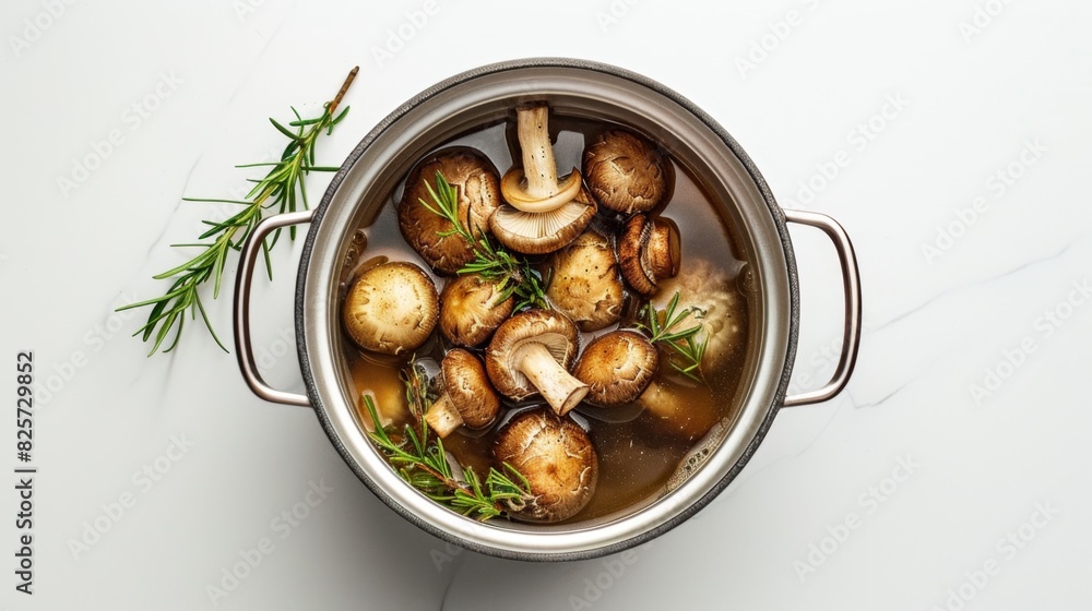 Pure Elegance: Minimalistic Pot of Mushroom Soup on White Background Pure Elegance: Minimalistic Pot of Mushroom Soup on White Background