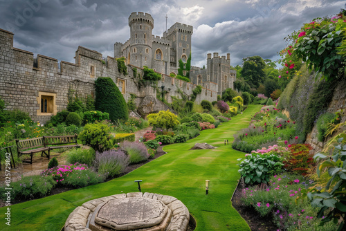 Windsor Castle in England with its medieval towers and lush grounds photo