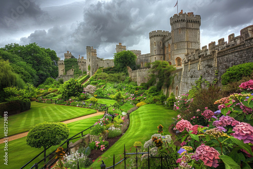 Windsor Castle in England with its medieval towers and lush grounds photo