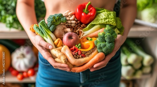 a person holding heathy foods over their stomach representing a healthy gut flora and probiotics. photo