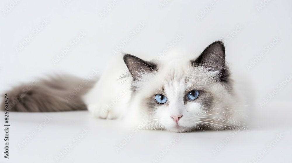 Pretty bicolor Ragdoll cat laying down facing front Looking at camera with dark blue eyes Isolated on a white background : Generative AI Pretty bicolor Ragdoll cat laying down facing front Looking at camera with dark blue eyes Isolated on a white background : Generative AI