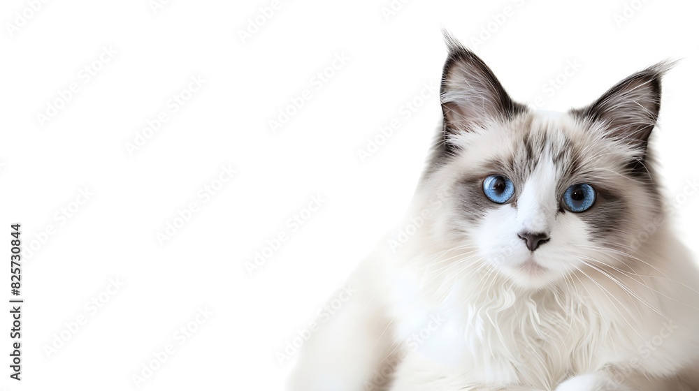 Fototapeta premium Pretty bicolor Ragdoll cat sitting up facing front Looking at camera with dark blue eyes Isolated on a white background : Generative AI