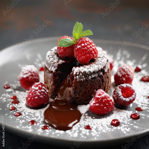 a decadent mouthwatering chocolate lava cake oozing with chocolate garnished with strawberries, sprinkled with sugar powder