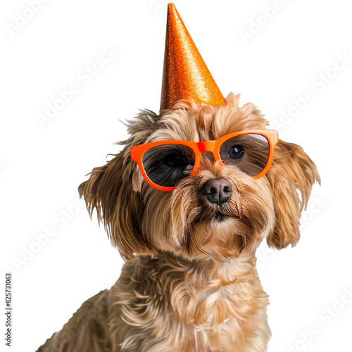 Cute dog with sunglasses and party cone hat, transparent background
