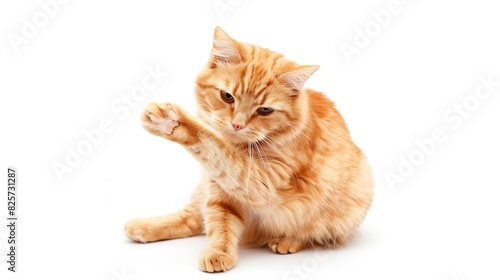 ginger cat sits with one front paw raised and looks at the camera on a white isolated background   Generative AI