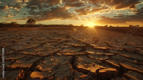 A compelling visual narrative of the outback landscape under siege by climate change, with cracks and parched earth signaling the devastating effects of extreme weather events 