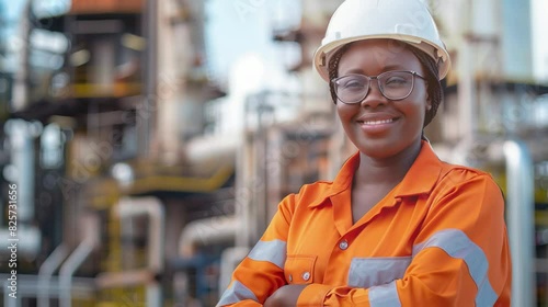 black industrial engineer woman wearing glasses with an orange uniform and a white helmet. He has his arm crossed smiling, in the background an oil refinery, space for text