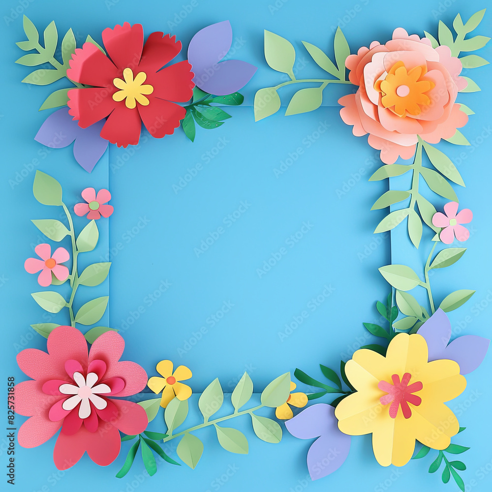 Fototapeta premium a blue background with colorful paper flowers and green leaves on the edges, generative AI