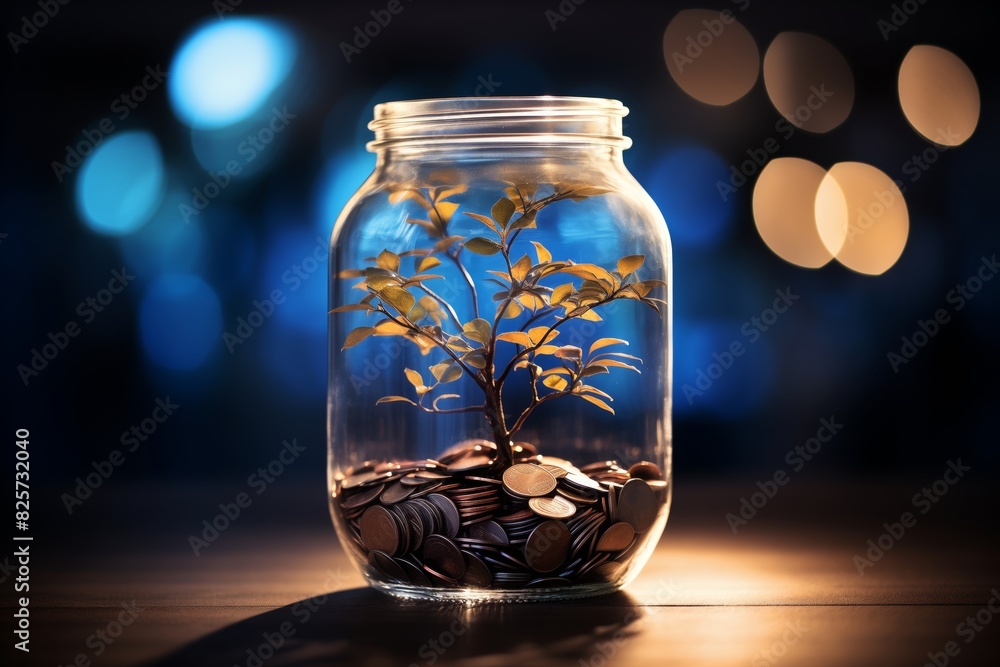 Money Tree in Jar with Coins and Bokeh Lights
Money Tree in Jar with Coins and Bokeh Lights
