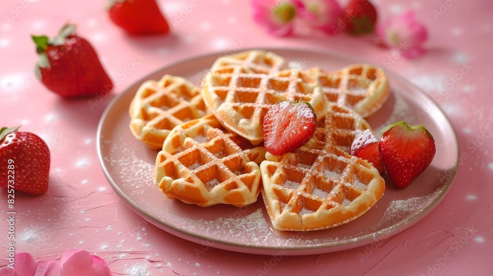 Plate with heart - shaped waffles and strawberries on a pink background. Plate with heart - shaped waffles and strawberries on a pink background.