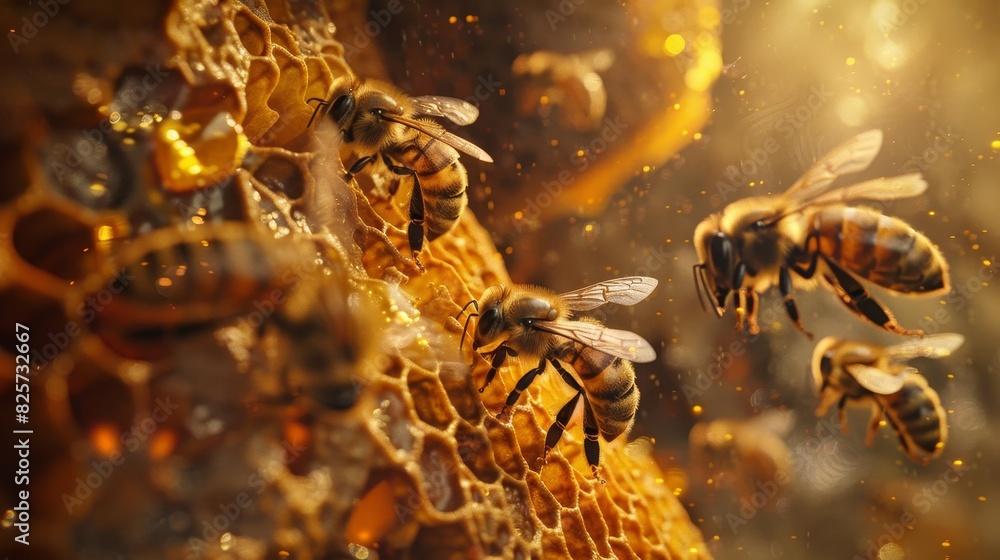 Close-up of a beehive with several bees nesting in a honeycomb hexagonal shape. Close-up of a beehive with several bees nesting in a honeycomb hexagonal shape.