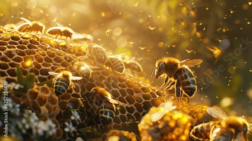 Close-up of a beehive with several bees nesting in a honeycomb hexagonal shape. © Nicky