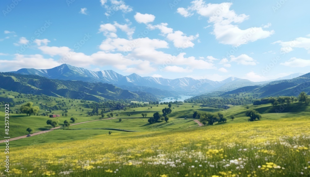 Fototapeta premium A stunning spring day landscaping views of fertile land surrounded beautiful green vegetation, wide stretches of hills and mountains with clear skies in spring
