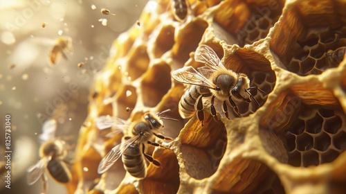 Close-up of a beehive with several bees nesting in a honeycomb hexagonal shape. © Nicky