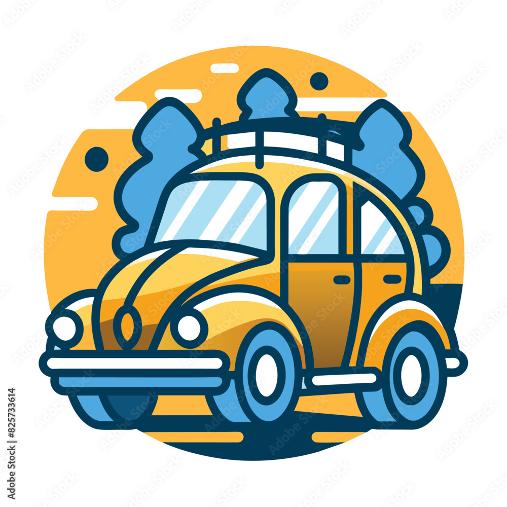 Fototapeta premium Yellow Vintage Car with Blue Trees and Sunset Background