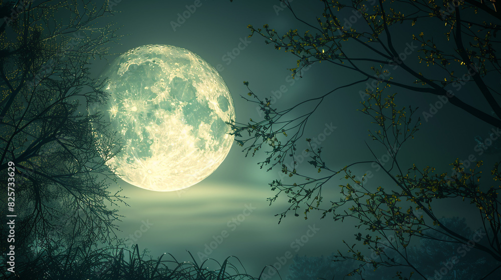 Enchanting full moon night sky with glowing moonlight shining through trees and clouds. Mystical and tranquil nocturnal nature scene. Enchanting full moon night sky with glowing moonlight shining through trees and clouds. Mystical and tranquil nocturnal nature scene.
