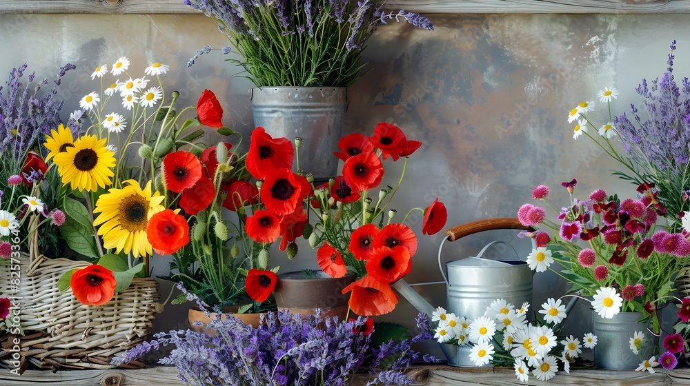 Fototapeta premium Vibrant Wildflower Arrangement with Rustic Gardening Accessories on Reclaimed Wood Table