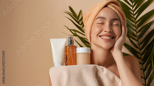 Happy woman enjoying skincare routine with beauty products, wrapped in towel, in front of tropical leaves, on neutral background. photo