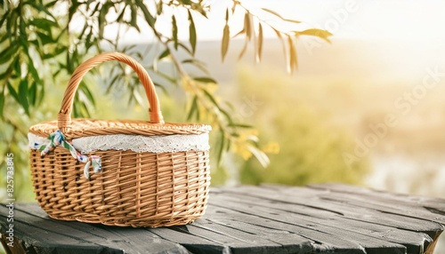 dark wooden table with a wicker basket  packed for a sunny holiday outing sunny day of outdoor joy and relaxation