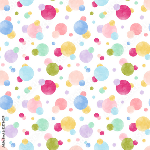 Pastel watercolor bubble, gum, candy seamless pattern vector. Colorful circle on white background. Geometric design for wallpaper, banner, graphic, fabric, textile, print, cover, wrapping, paper, card