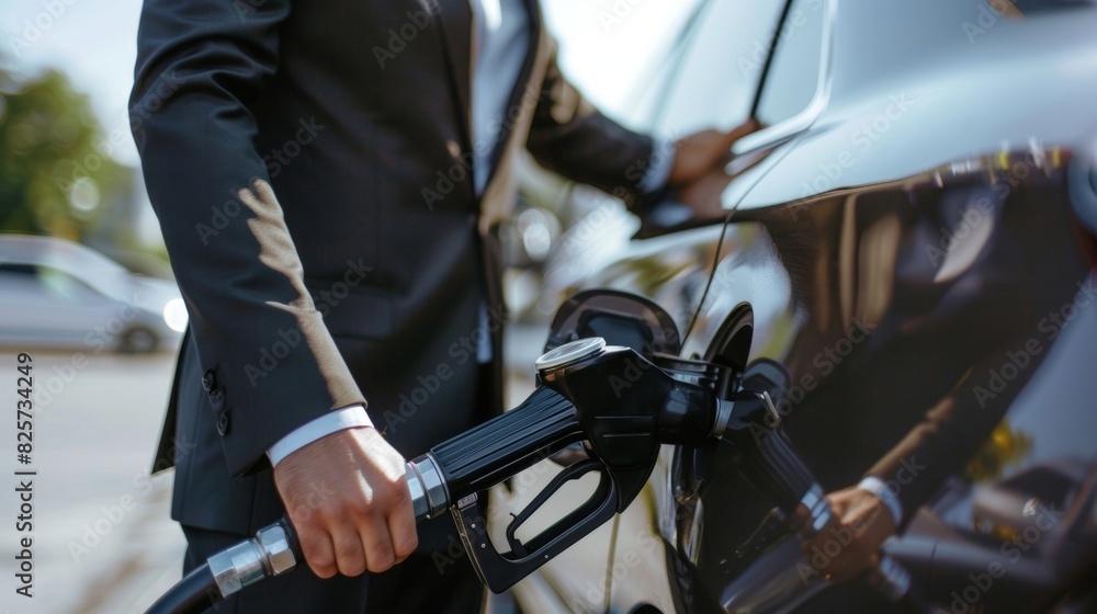 A man in a business suit taking a break from driving and refueling his luxurious car. A man in a business suit taking a break from driving and refueling his luxurious car.