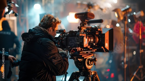 A man is working on a camera rig with a red cable generated by AI