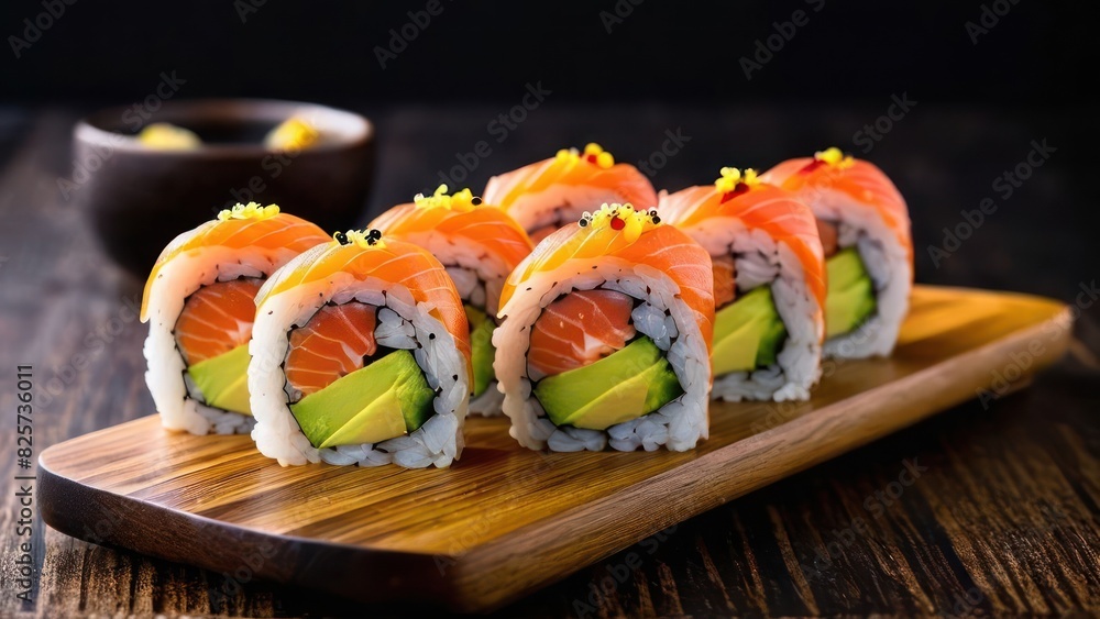 Freshly Prepared Sushi Platter on a Wooden Cutting Board, Accompanied by a Dish of Seasoned Soy Sauce Freshly Prepared Sushi Platter on a Wooden Cutting Board, Accompanied by a Dish of Seasoned Soy Sauce