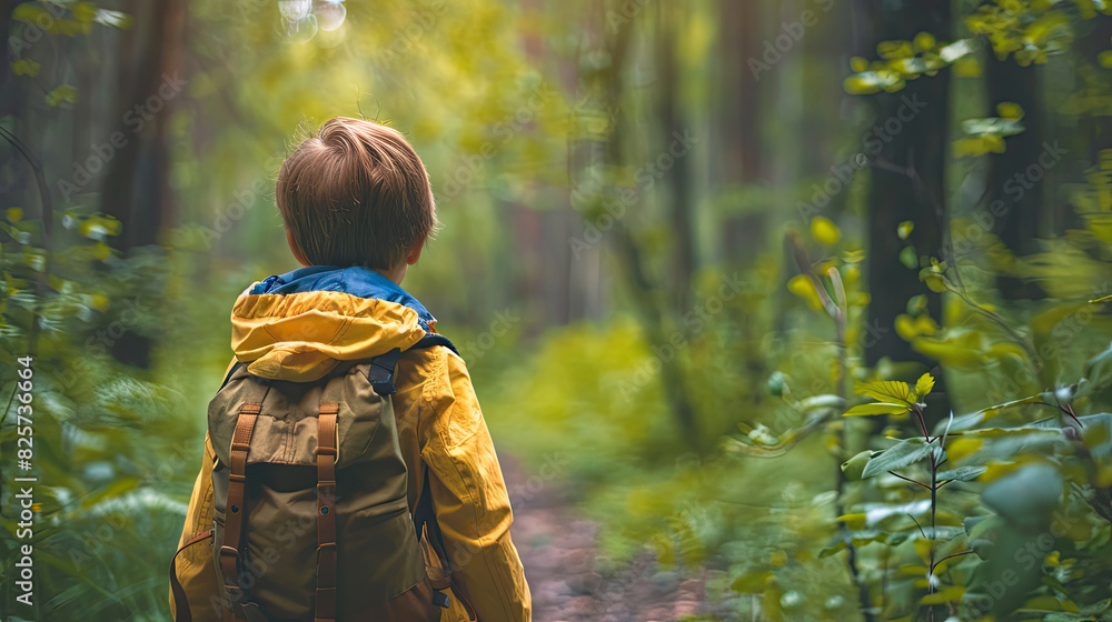 Young boy with backpack walking through a forest Young boy with backpack walking through a forest
