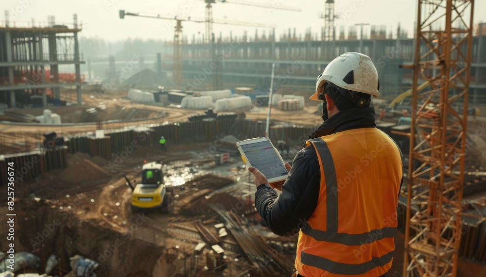 Fototapeta premium Cutting-Edge Construction: Engineers Utilizing 5G Devices for Instant Project Oversight