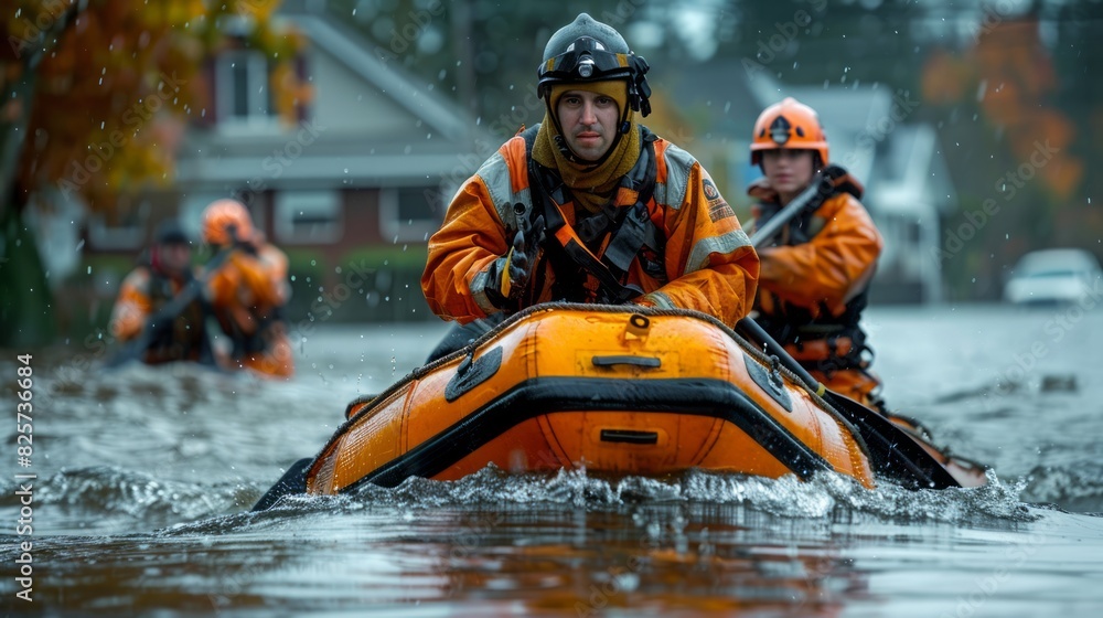 Fototapeta premium The Rescue teams saving Flood victim. Flood diaster.