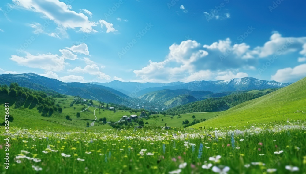 A stunning spring day landscaping views of fertile land surrounded beautiful green vegetation, wide stretches of hills and mountains with clear skies in spring A stunning spring day landscaping views of fertile land surrounded beautiful green vegetation, wide stretches of hills and mountains with clear skies in spring