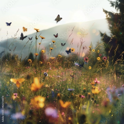 Alpine meadow, close up on wildflowers, bright and cheerful display, Double exposure silhouette with butterflie photo