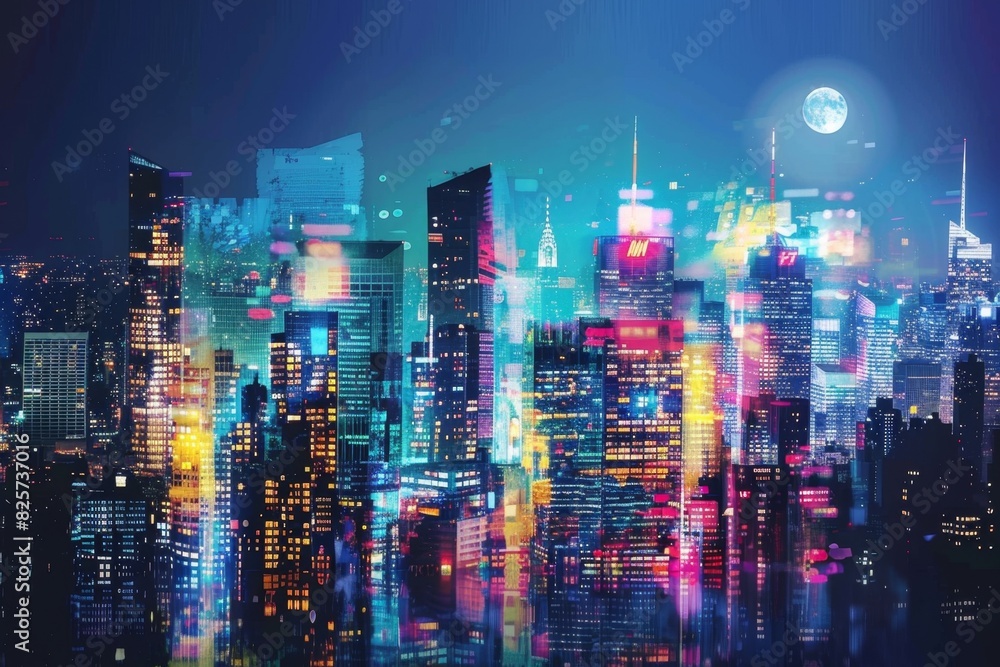 custom made wallpaper toronto digitalUrban Dreams: Double Exposure City Skyline at Night with Glowing Skyscrapers and Moonlit Silhouette