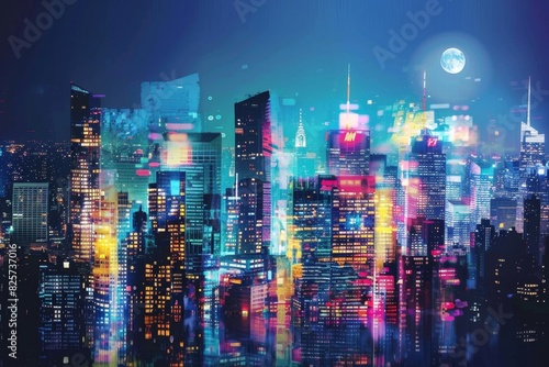 Wallpaper Mural Urban Dreams: Double Exposure City Skyline at Night with Glowing Skyscrapers and Moonlit Silhouette Torontodigital.ca