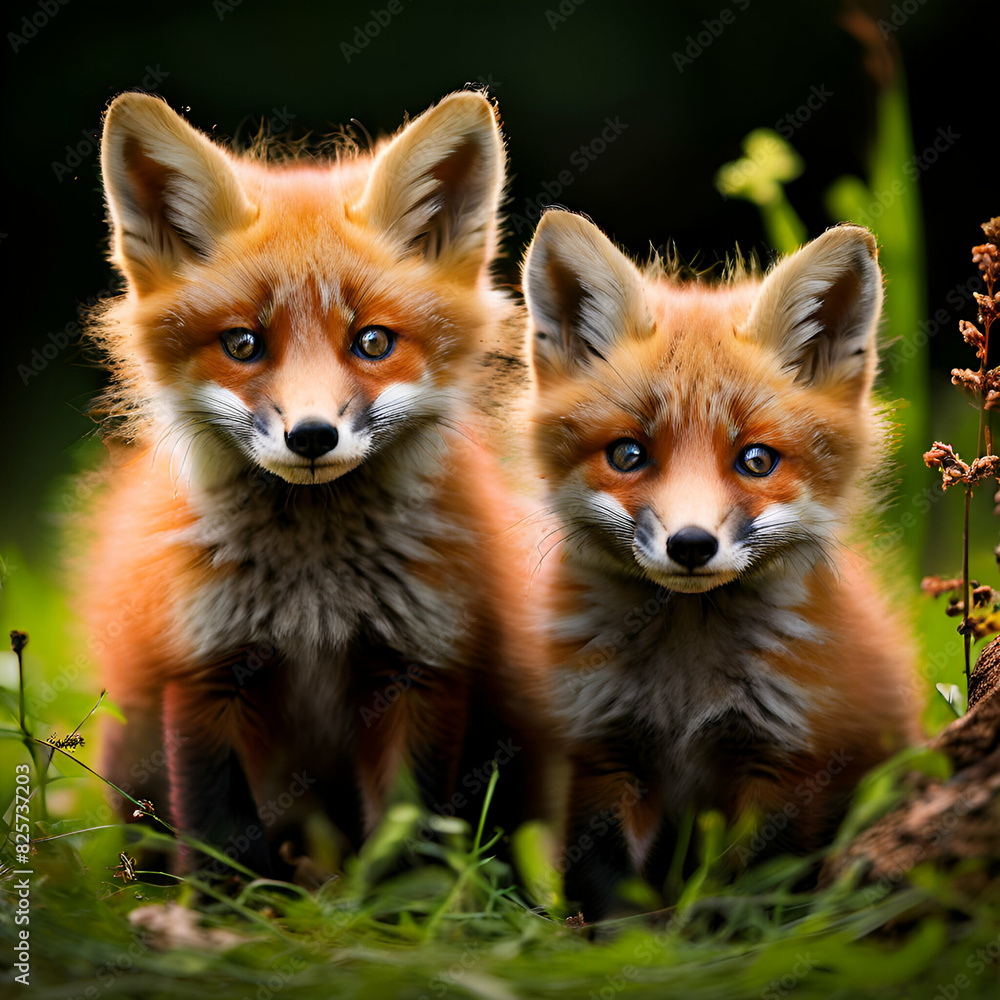 Fototapeta premium two red foxes kits
